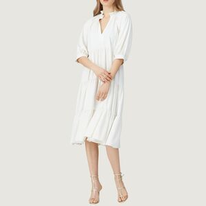 Amanda Uprichard Womens Dress White Saffron Midi V Neck Tiered A Line Flowy XS